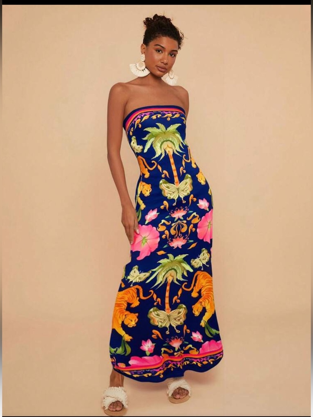 Strapless Tropical Print Maxi Dress in Navy